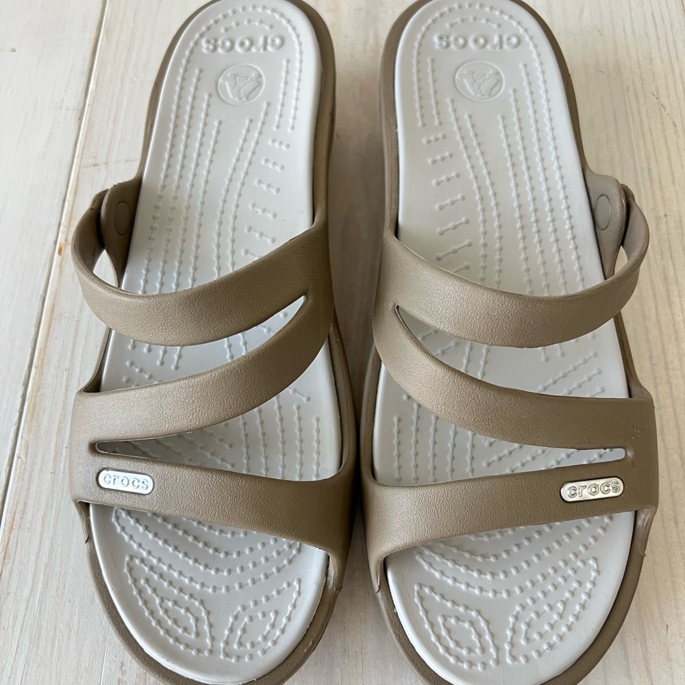 CROCS Beige Tan Double Strap Slides Women Size 8